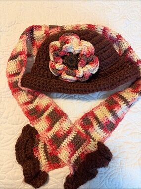 Hand Crafted Brown, Pink & Cream Crochet Hat and Scarf Set with Flower